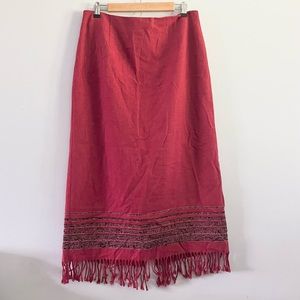 Field Gear FG Wool Maxi Skirt with Striped Fringe Detail Bottom Hem Red Black 16